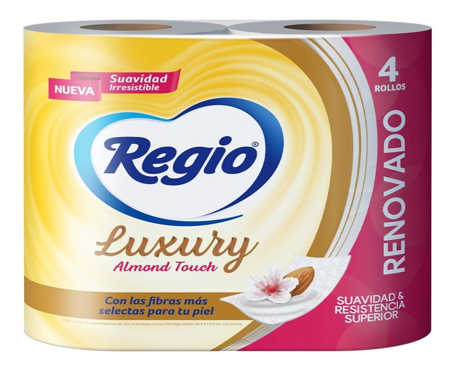 Papel higiénico Regio Luxury Almond Touch 4 rollos con 205 hojas dobles c/u